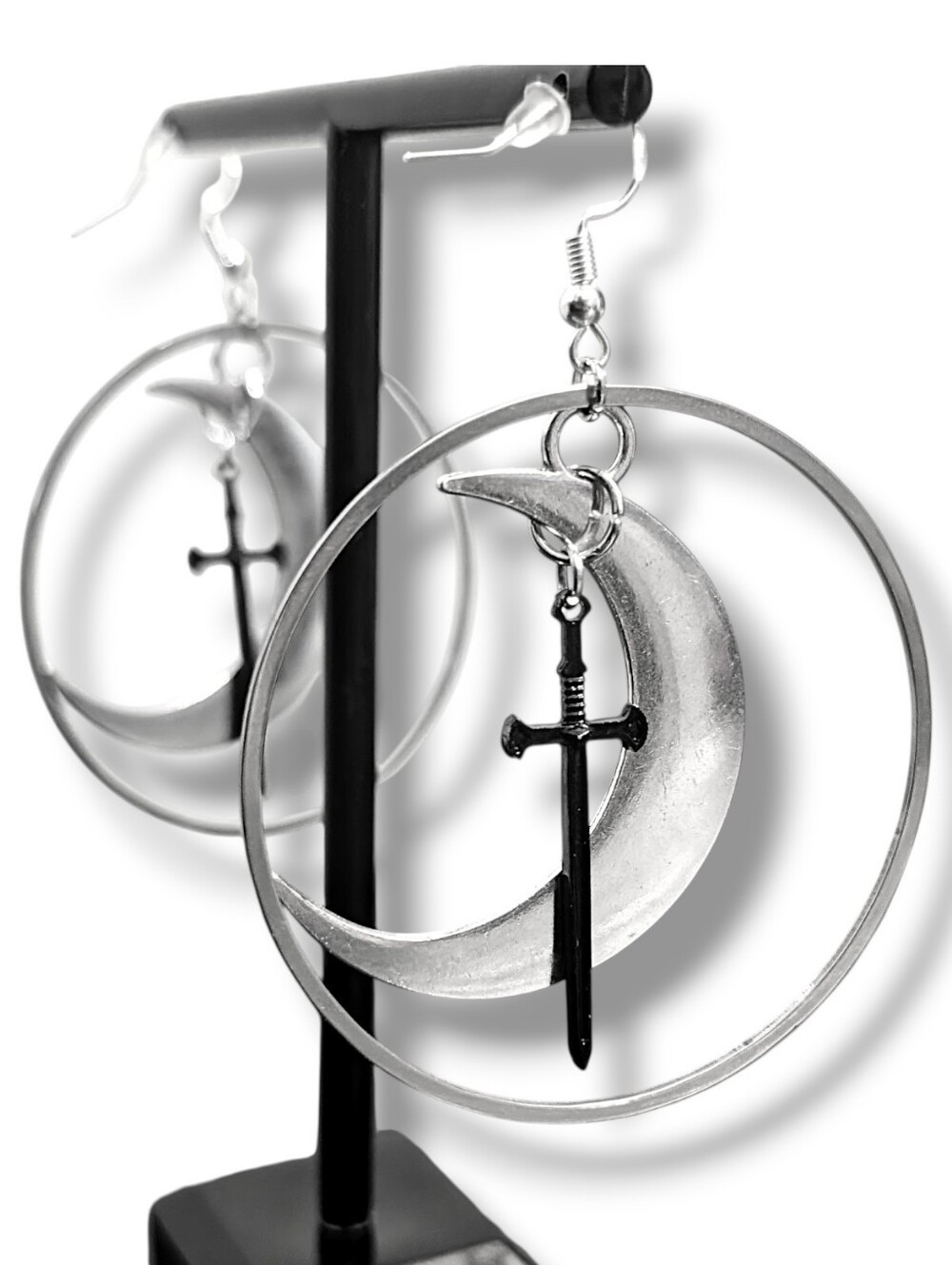 NWT Handmade Silver Crescent Moon Black Sword and Hoop Layered Earrings